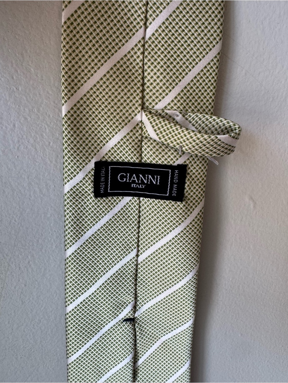 GIANNI Italy Silk Necktie Light Green Olive White Diagonal Stripe Handmade Italy